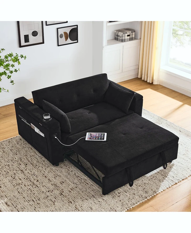 Simplie Fun 54" Pull-Out Sleeper Sofa Bed Double Seat Recliner Sofa Bed With Armrests With Storage