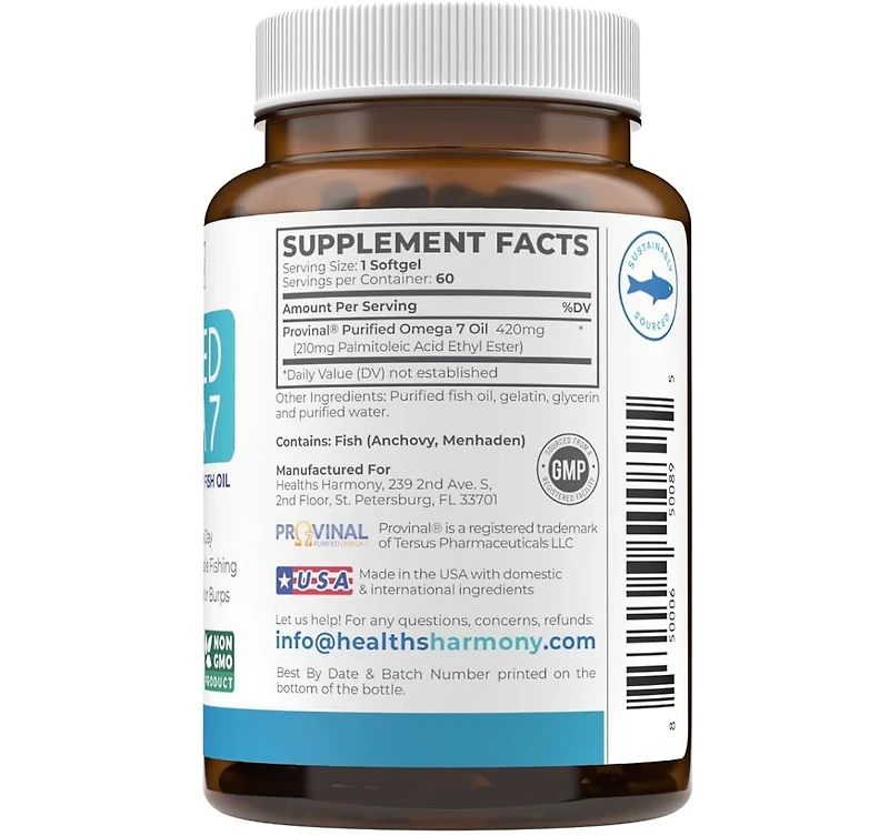 Healths Harmony Purified Omega 7 Softgel Capsules, Provinal Sustainable Peruvian Anchovy Fish Oil Supplement, Health's Harmony, 60ct
