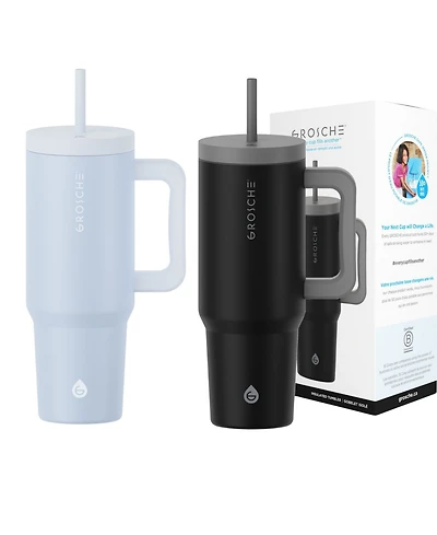 Grosche 40oz Insulated Tumbler with Straw and Handle, 2pk