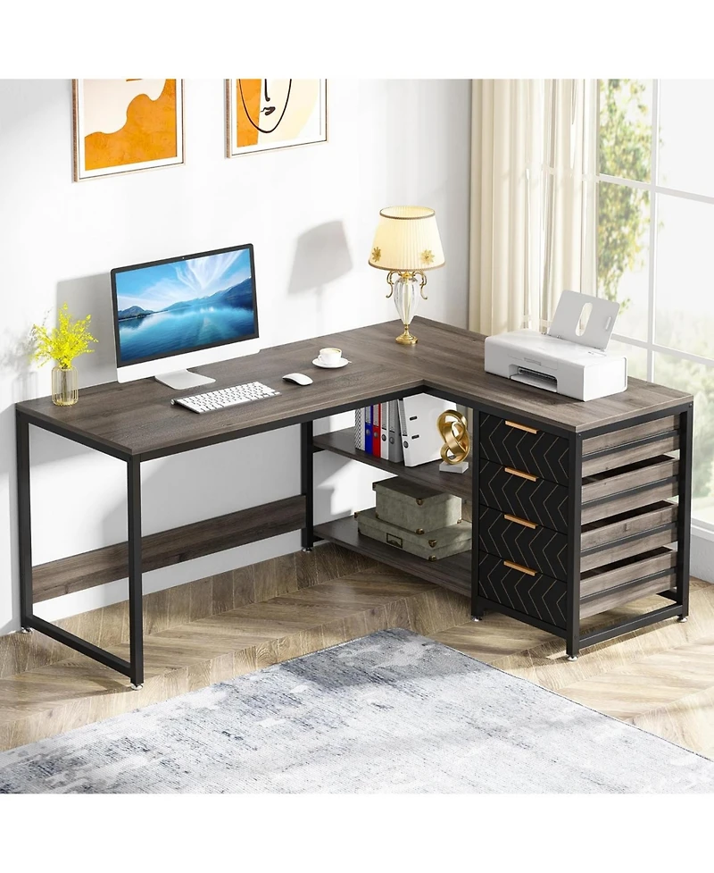 Tribesigns L Shaped Computer Desk with Storage Drawers, 59 inch Corner Desk with Shelves, Reversible L-Shaped Office Desk Writing Table Workstation fo