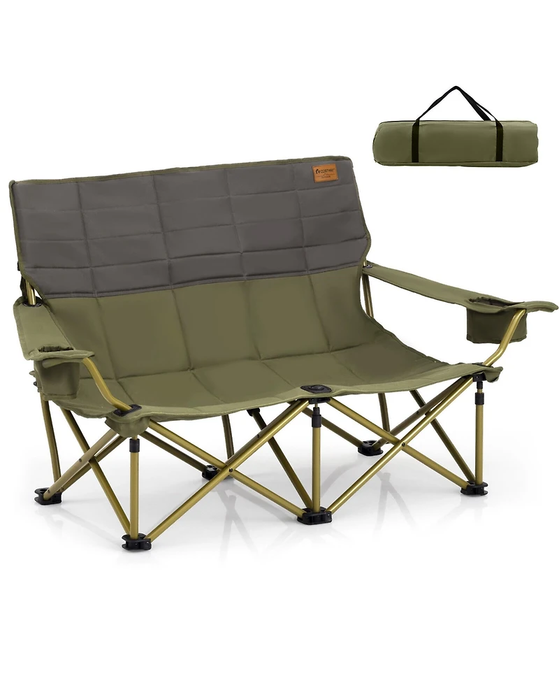 Gymax Oversized Camping Chair Folding Loveseat Camping Couch w/ Cup Holders & Padding Green