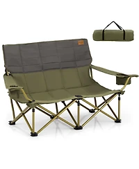 Gymax Oversized Camping Chair Folding Loveseat Camping Couch w/ Cup Holders & Padding Green