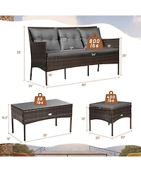 Gymax 3PCS Patio Rattan Sectional Conversation Furniture Set w/ Grey Cushions