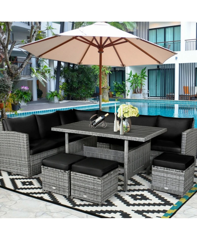 Sugift 7 Pieces Outdoor Wicker Sectional Sofa Set with Dining Table