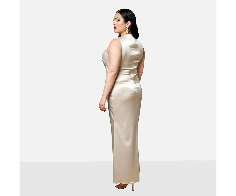 Rebdolls Women's Plus Size Tulip Satin Button Shoulder Maxi Slip Dress