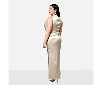 Rebdolls Women's Plus Size Tulip Satin Button Shoulder Maxi Slip Dress