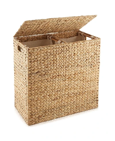 Casafield 2-Section Laundry Hamper with Lid and Removable Liner Bags - Natural, Woven Water Hyacinth Laundry Basket for Clothes