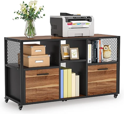 Tribesigns 2 Drawer Wood File Cabinets, Modern Mobile Lateral Filing Cabinet for Letter/ A4 Size, Printer Stand with Open Storage Shelves and Drawer f