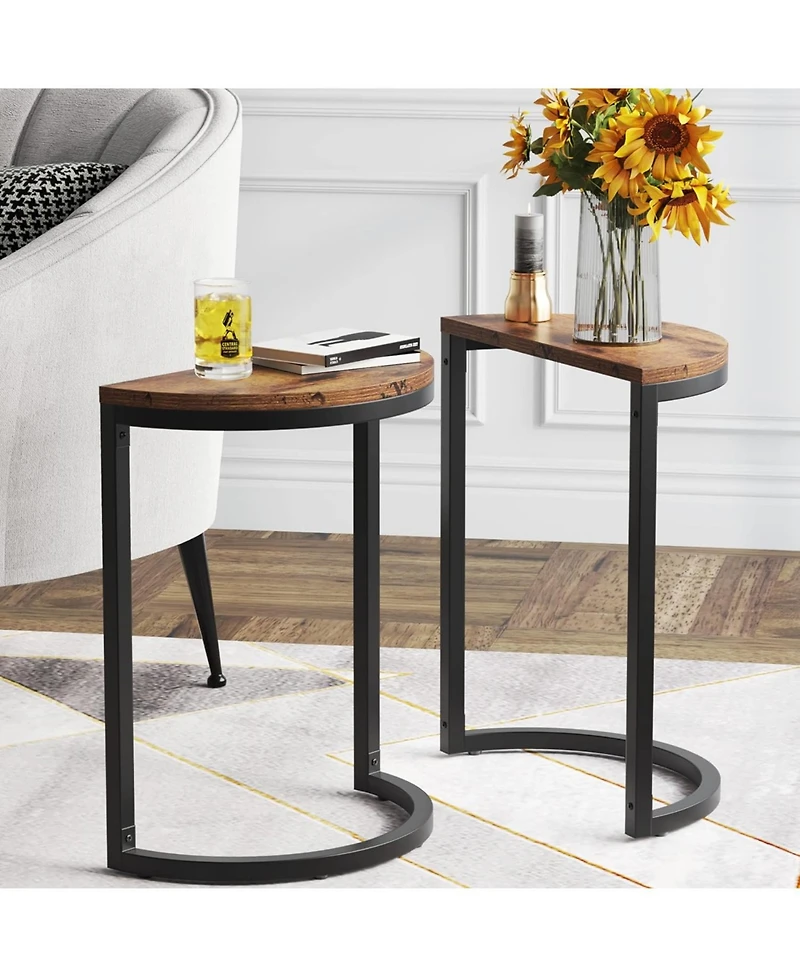 Tribesigns End Table Semi Circle Set of 2, Small Half Round Side Tables Living Room with Metal, Wood Accent Table Slim C Table for Sofa Couch, Easy As