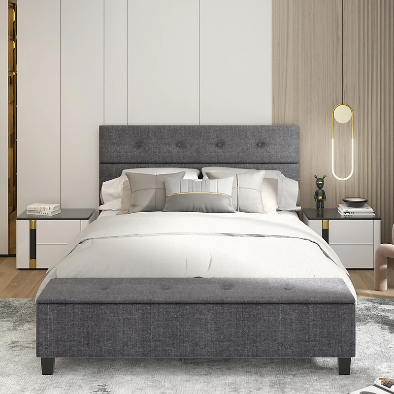 Queen Upholstered Bed Frame with Ottoman Storage-Queen Size