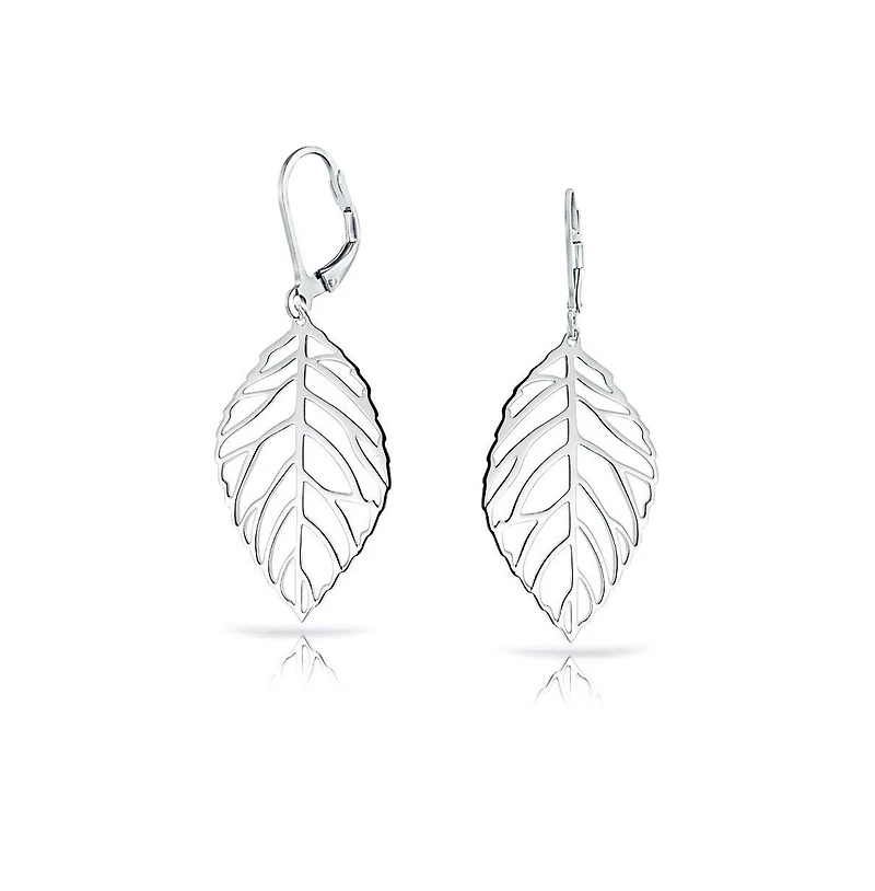 Bling Jewelry Large Tribal Nature Style Lightweight Open Leaf Feather Drop Dangle Lever Back Earrings Sterling Silver