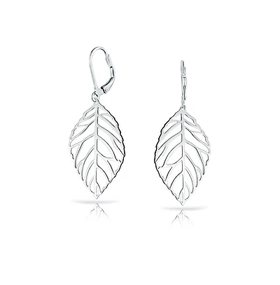 Bling Jewelry Large Tribal Nature Style Lightweight Open Leaf Feather Drop Dangle Lever Back Earrings Sterling Silver