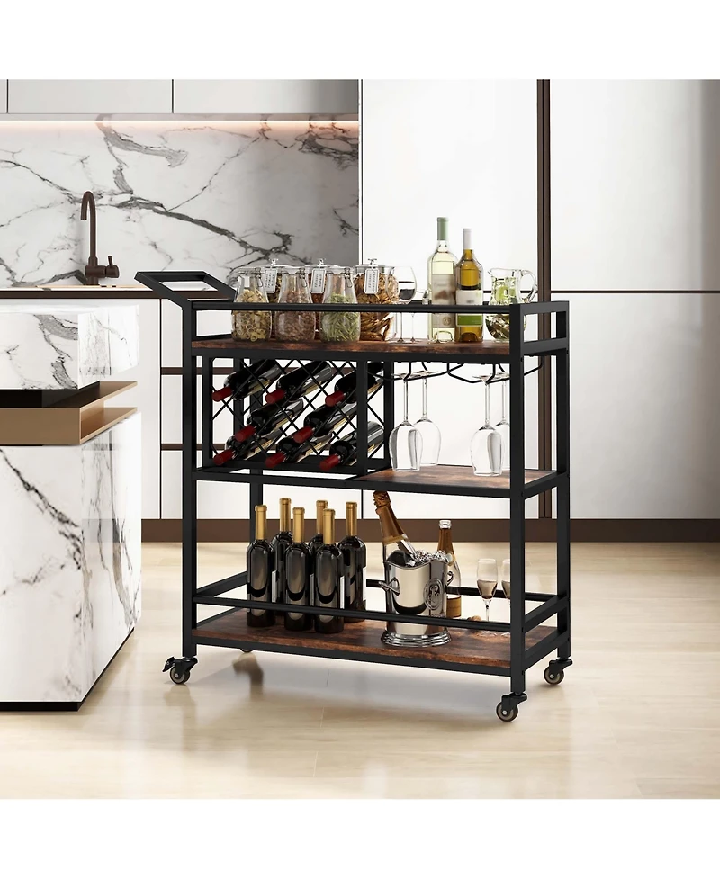 3-tier Bar Cart on Wheels Home Kitchen Serving with Wine Rack & Glass Holder