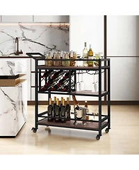 3-tier Bar Cart on Wheels Home Kitchen Serving Cart with Wine Rack & Glass Holder