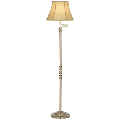 Regency Hill Montebello Vintage Retro Floor Lamp 60" Tall Antique Brass Metal Swing Arm Soft Tan Bell Shade for Living Room Bedroom Office House