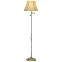 Regency Hill Montebello Vintage Retro Floor Lamp 60" Tall Antique Brass Metal Swing Arm Soft Tan Bell Shade for Living Room Bedroom Office House