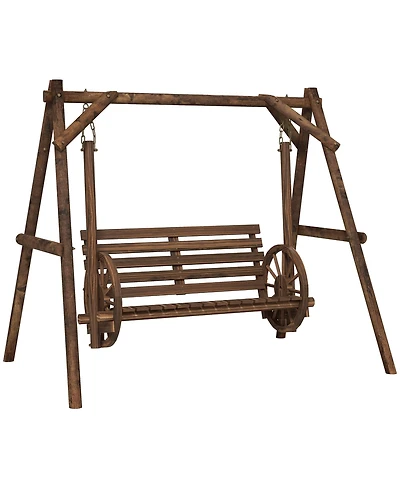 Outsunny 2 Seat Porch Swing w/ Stand, Wagon Wheel Arms, Carbonized Brown
