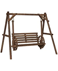Outsunny 2 Seat Porch Swing w/ Stand, Wagon Wheel Arms, Carbonized Brown