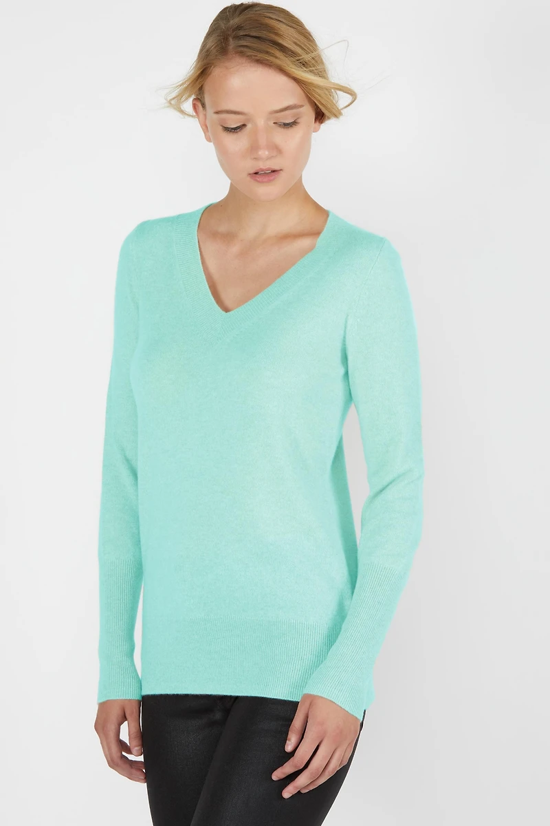 Jennie Liu Women's 100% Pure Cashmere Long Sleeve Ava V Neck Pullover Sweater