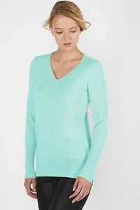 Jennie Liu Women's 100% Pure Cashmere Long Sleeve Ava V Neck Pullover Sweater