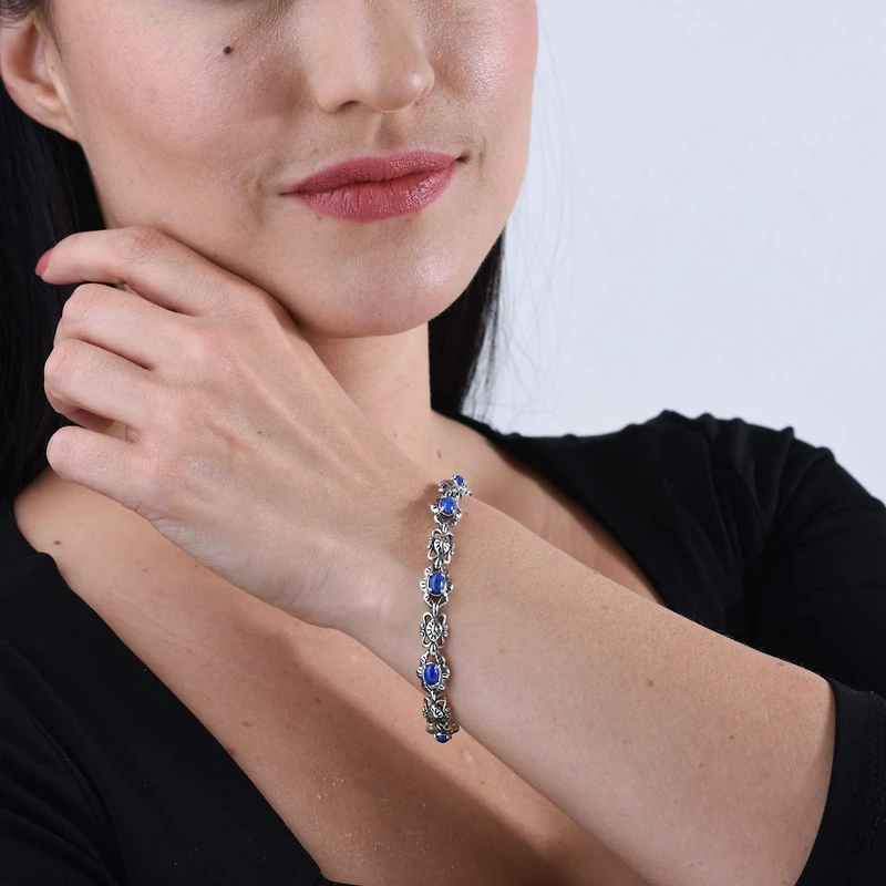 American West Jewelry Sterling Silver Women's Link Bracelet Oval Blue Denim Lapis Gemstone Size Small - Large