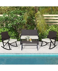 4 Pieces Rattan Patio Rocking Furniture Set with Loveseat and Coffee Table