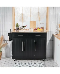 Kitchen Island Trolley Wood Top Rolling Storage Cabinet Cart with Knife Block
