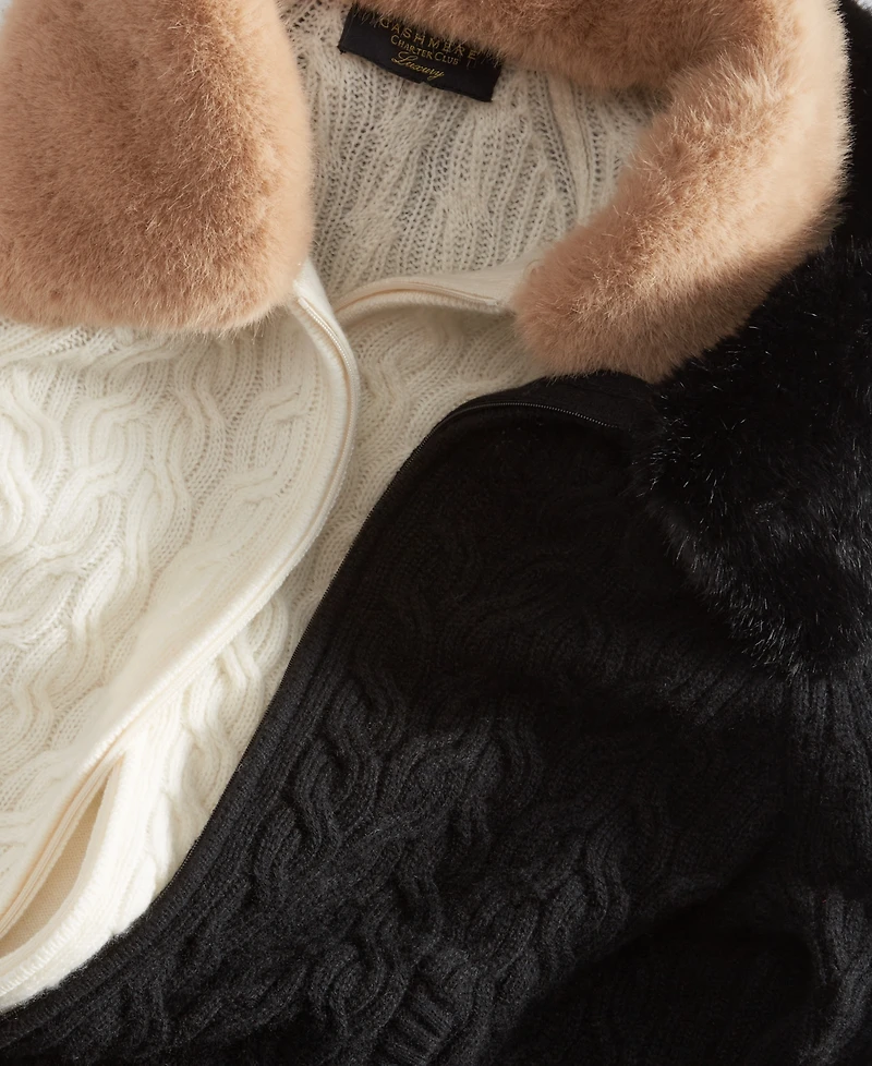 Charter Club Women's Cashmere Faux-Fur-Collar Cable-Knit Jacket, Created for Macy's