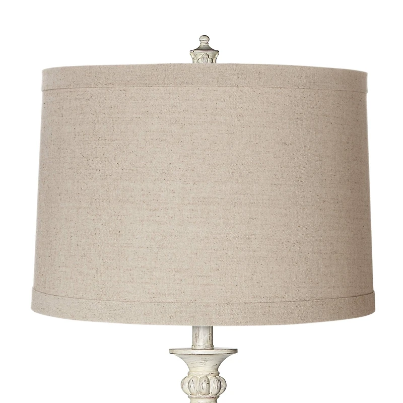 Traditional Vintage like Shabby Chic Standing Floor Lamp 60" Tall Antique White Washed Natural Linen Fabric Tapered Drum Shade Decor for Living R