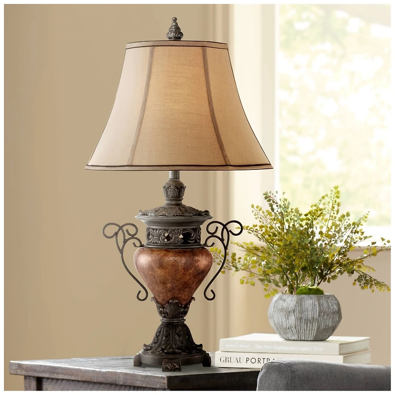 Regency Hill Traditional Table Lamp 31.5" Tall Bronze Crackle Urn Faux Silk Bell Shade for Living Room Family Bedroom Bedside Nightstand