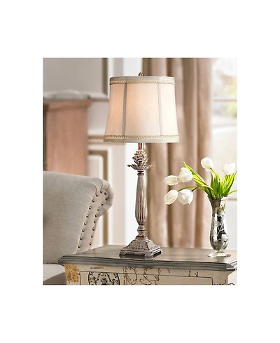 Regency Hill Petite Artichoke Font Traditional Table Lamp 28" Tall Antique White Washed Beige Fabric Bell Shade for Bedroom Living Room Nightstan