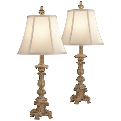 Regency Hill Elize Traditional Table Lamps 26 1/2" High Set of 2 Whitewashed Candlestick with Table Top Dimmers Beige Shade for Bedroom Living Ro