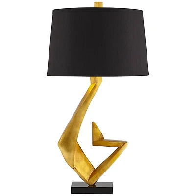 Possini Euro Design Zeus Modern Mid Century Table Lamp 28 1/2" Tall Sculptural Gold Leaf Metal Black Drum Shade Bedroom Living Room Bedside Night