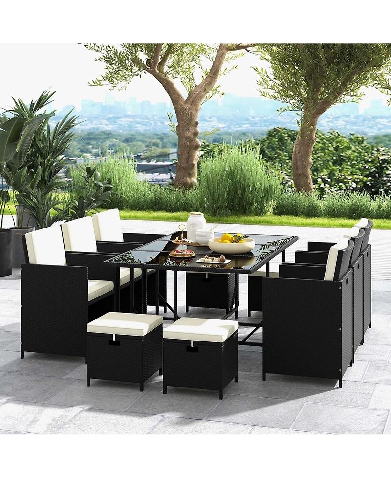 Costway 11 Pieces Patio Dining Set Space-saving Wicker Chairs & Tempered Glass Table