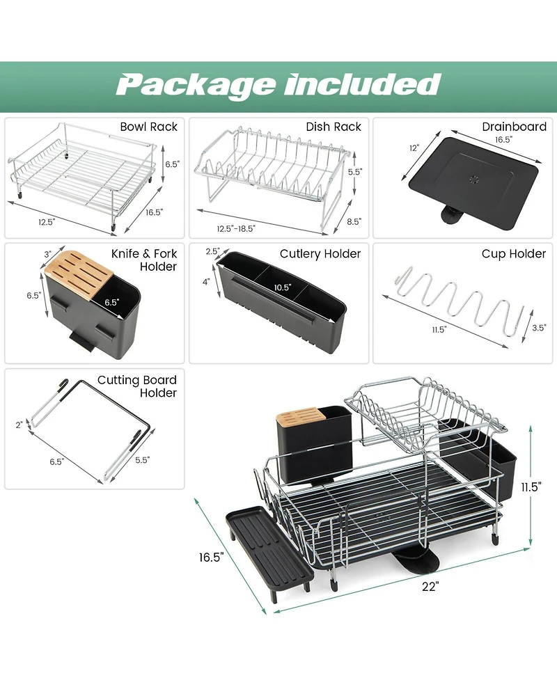 Sugift 2-Tier Detachable Dish Rack with Drainboard and 360° Swivel Spout