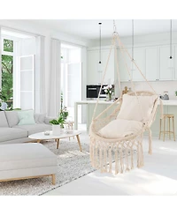 Costway Indoor Outdoor Macrame Swing with Soft Seat Cushions Sturdy Hanging Rope & Chain