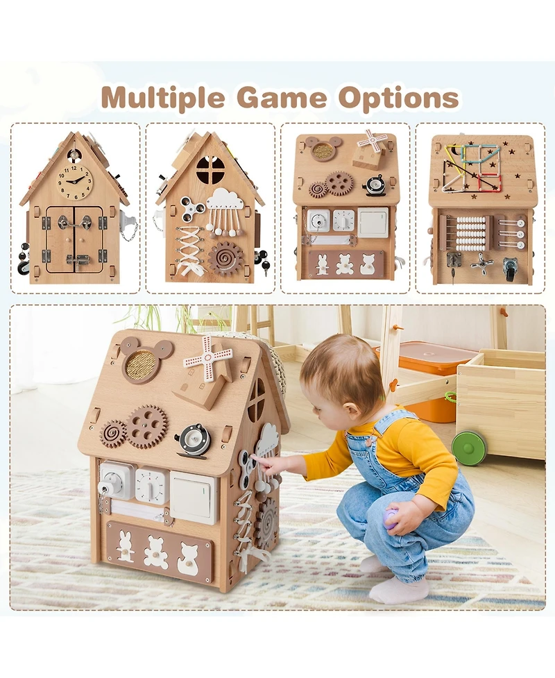 Wooden Busy House Montessori Toy with Sensory Games & Interior Storage Space