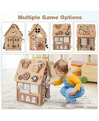 Wooden Busy House Montessori Toy with Sensory Games & Interior Storage Space