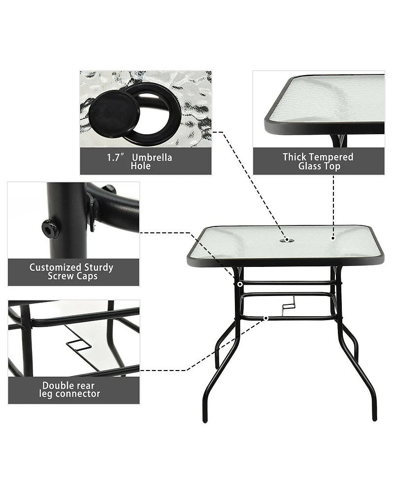 32'' Patio Square Table Tempered Glass Steel Frame Outdoor Pool Yard Garden