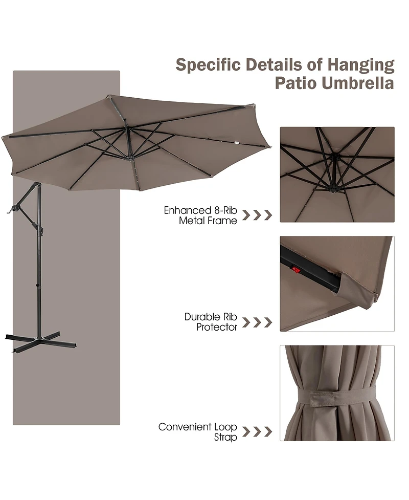 10FT Cantilever Solar Powered 32LED Lighted Patio Offset Umbrella Outdoor