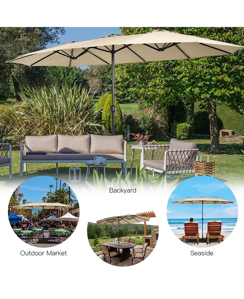 Costway 15FT Double-Sided Twin Patio Umbrella Outdoor Market W/ Crank & Base