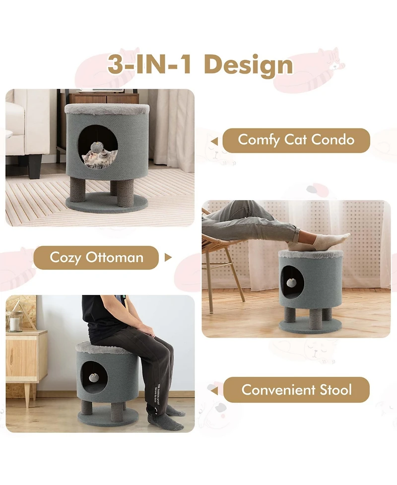 3-in-1 Cat Condo Stool Kitty Bed with Scratching Posts & Plush Ball Toy