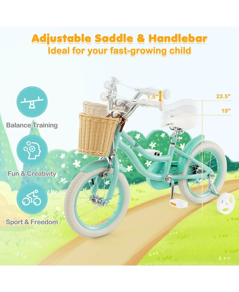 14" Kid's Bike with Training Wheels Adjustable Handlebar Seat Handbrake