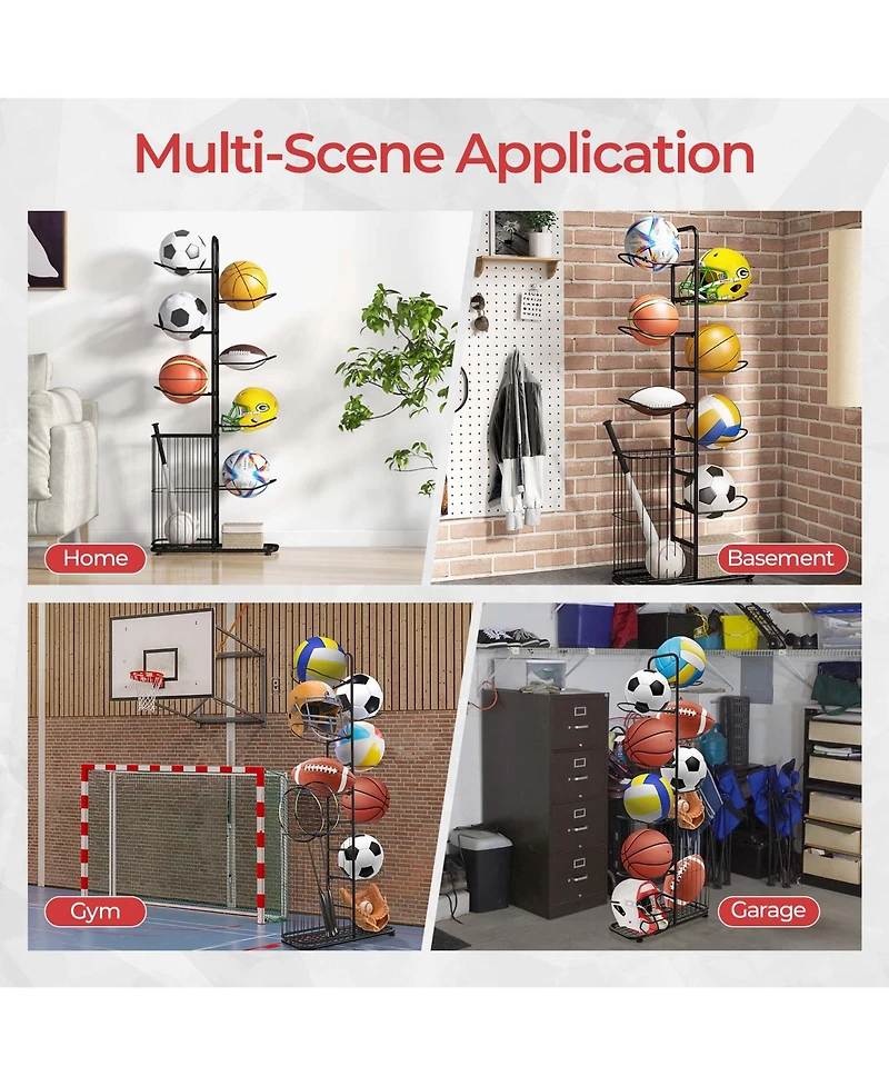 7-Tier Ball Storage Rack with 7 Removable Hanging Rods & Side Ball Basket