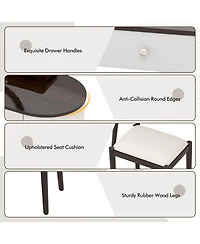 Solid Wood Makeup Vanity Desk Set with Led Lighted Mirror Drawers Cushioned Stool