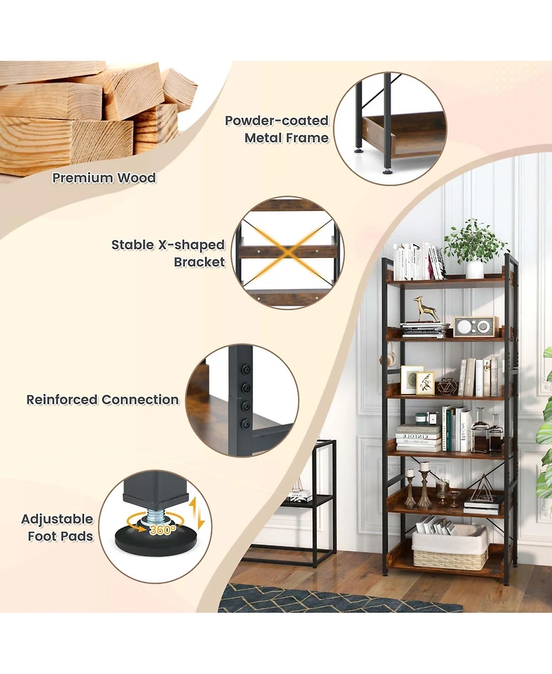 Costway 6-Tier Bookshelf Open Display Shelves Storage Rack Metal Frame