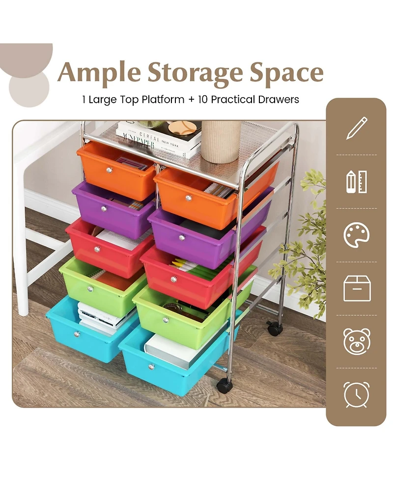 10-Drawer Storage Cart Utility Rolling Trolley Kitchen Organizer