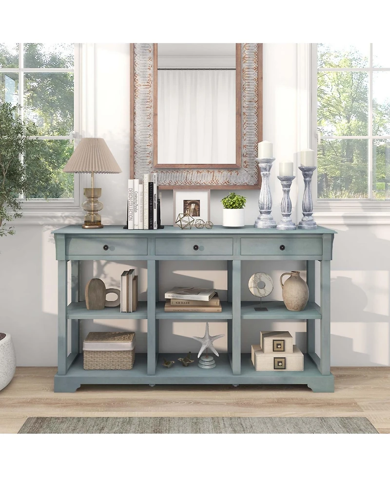 58" Long Sofa Table with Storage Retro Console Table with 3 Drawers & Open Shelves