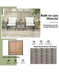 3 Pcs Patio Rattan Furniture Set Acacia Wood Coffee Table & 2 Chairs Backyard