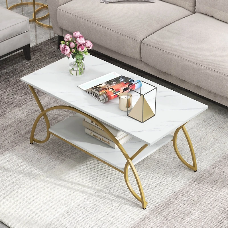 Coffee Table Modern Marble 2-Tier Coffee Table Gold Rectangle